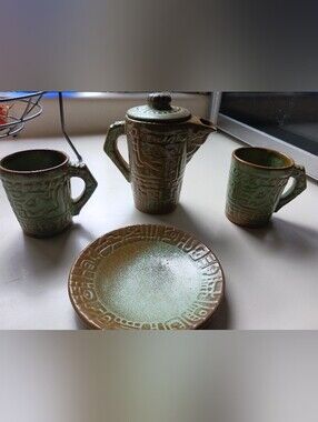 Frankoma Vintage Mocha & Mint Green Ceramic Pitcher & Mugs & Matching Plate